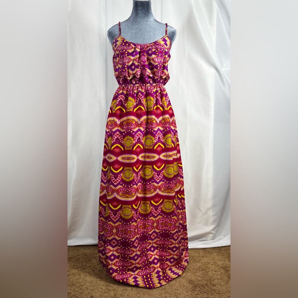 Collective Concepts Fuchsia and Yellow Print Spaghetti-Strap Maxi Dress
